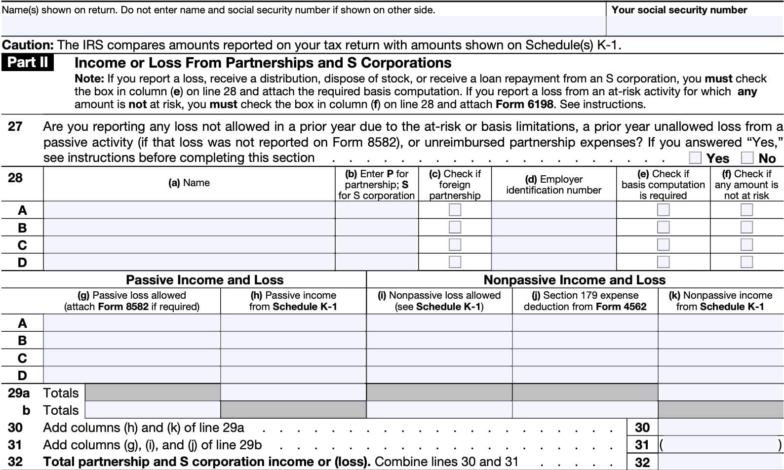 IRS Schedule E, Part II: Income or loss from partnerships and s corporations