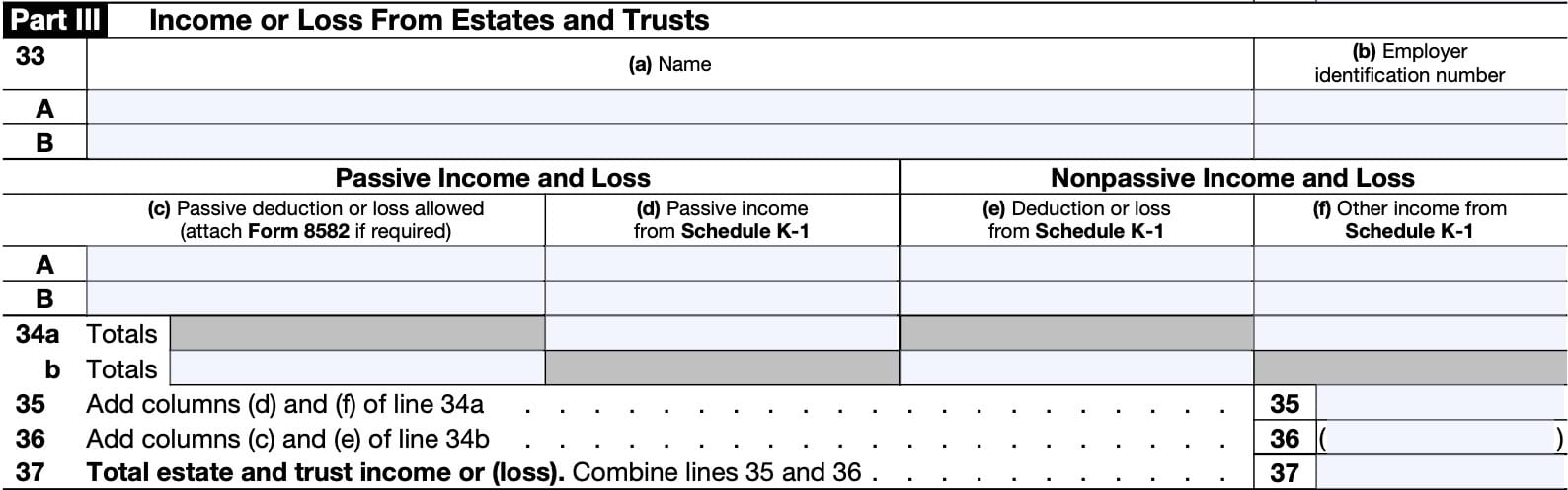 IRS Schedule E, Part III: Income or Loss from Estates and Trusts