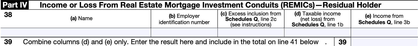 IRS Schedule E, Part IV: Income or Loss from Real Estate Mortgage Investment Conduits (REMICs)