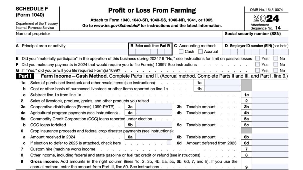 irs schedule f, profit or loss from farming