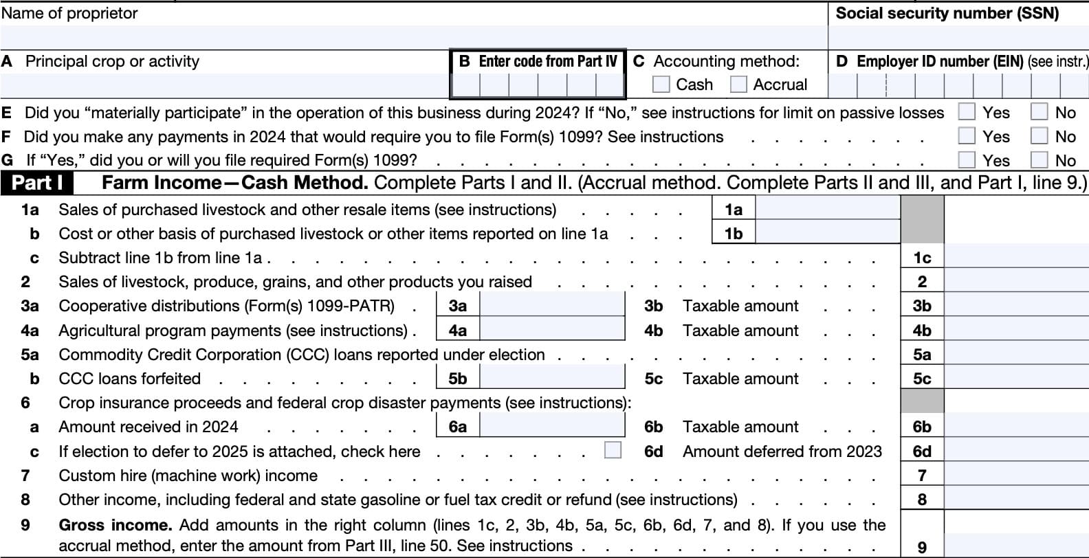 irs schedule f, part i: farm income-cash method