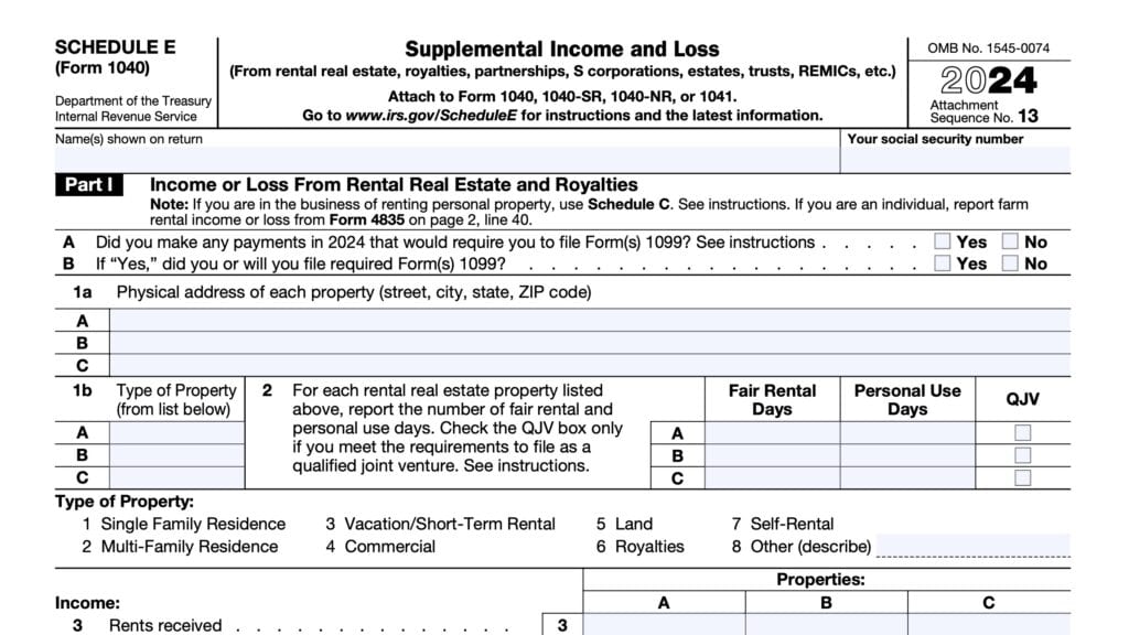 irs schedule e, supplemental income and loss