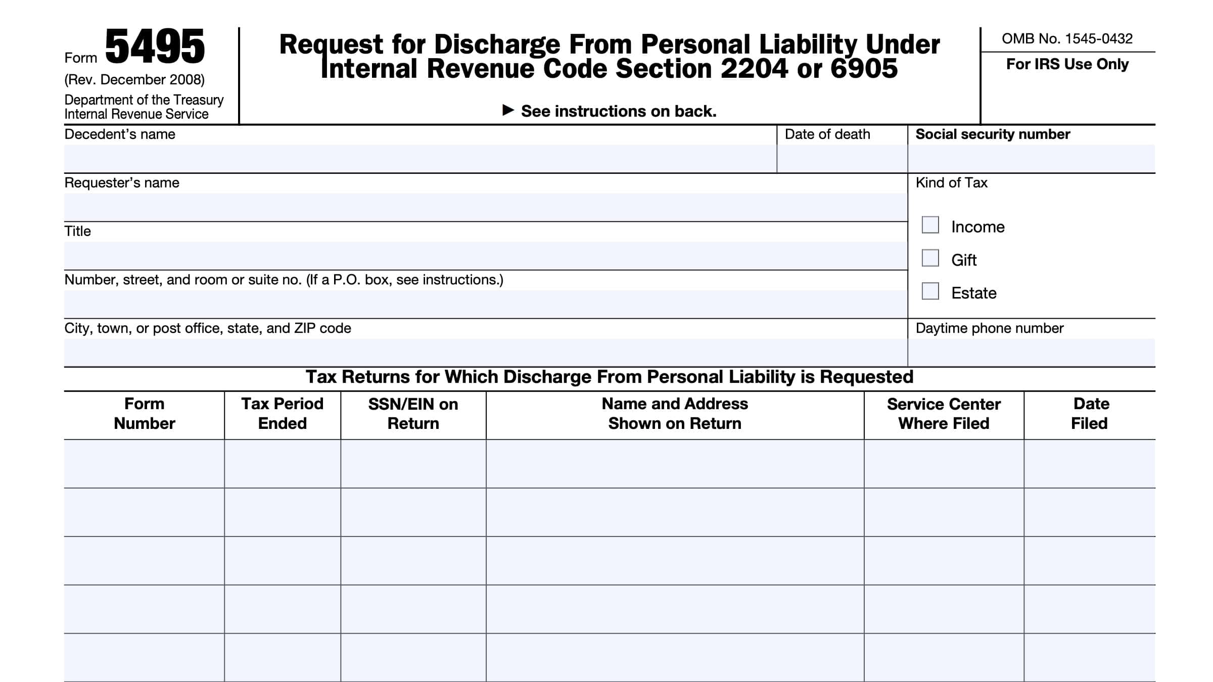 IRS Form 5495 Instructions - Request For Discharge of Tax Liability