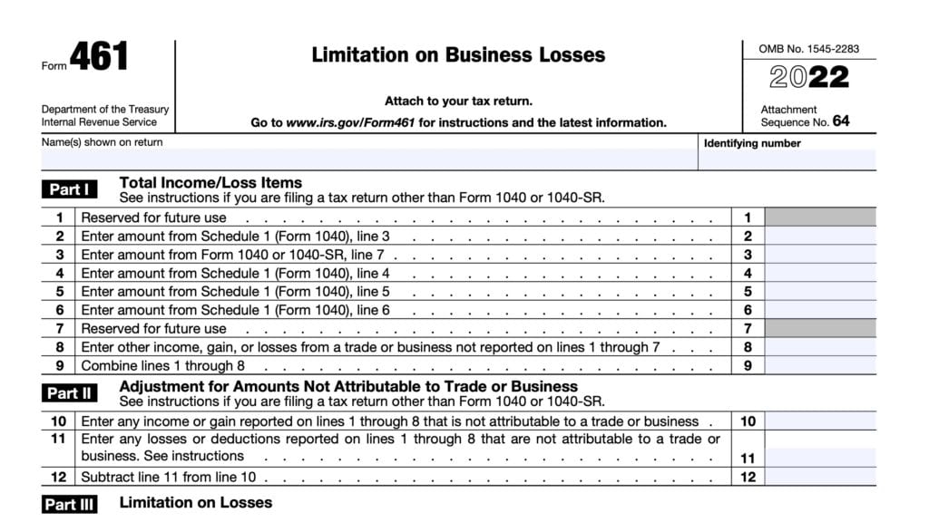 irs form 461, limitation on business losses