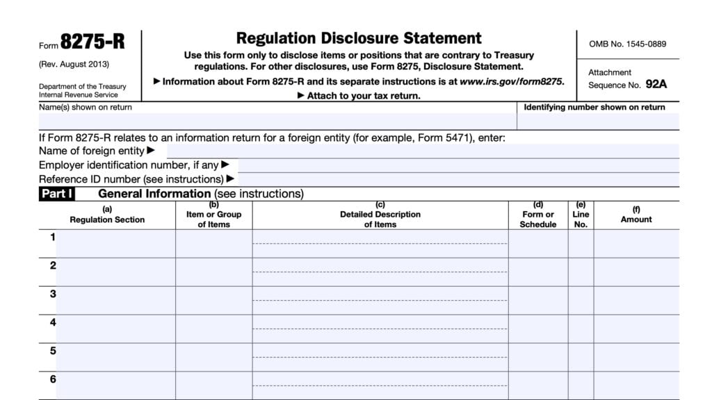 irs form 8275-r, regulatory disclosure statement