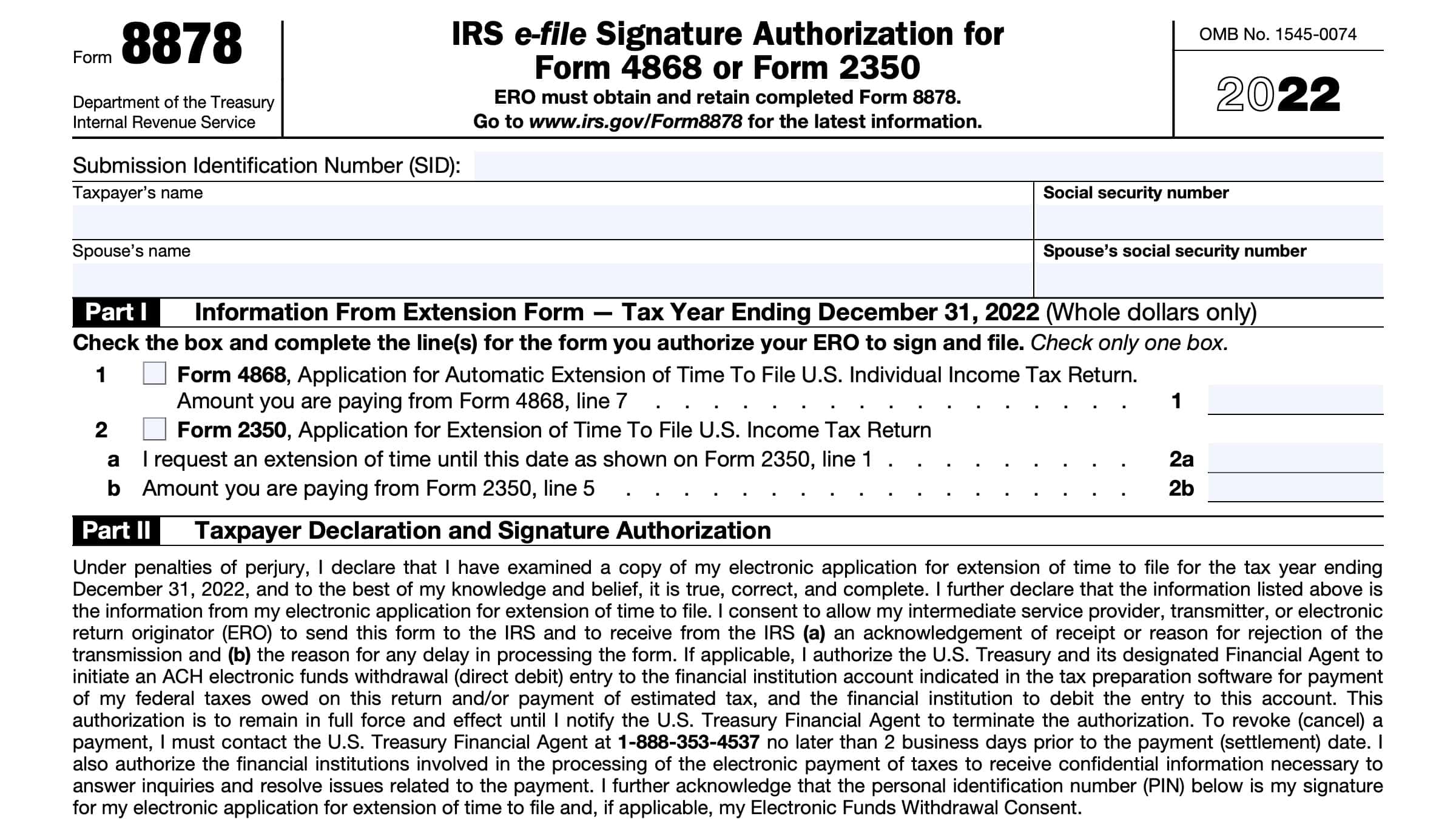 IRS Form 8878 Instructions eFile Authorization for Tax Extensions