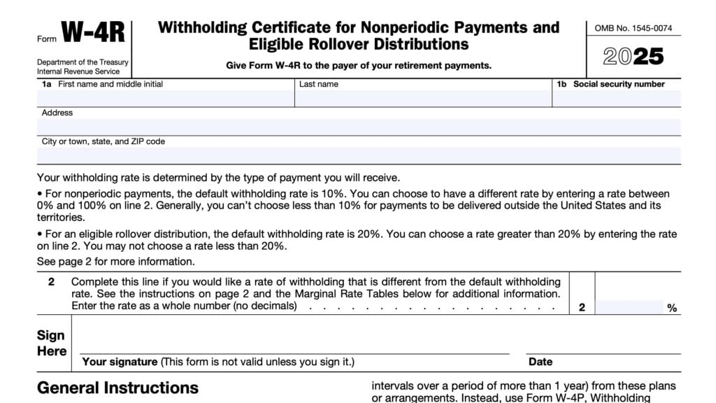 irs form w-4r, withholding certificate for nonperiodic payments and eligible rollover distributions