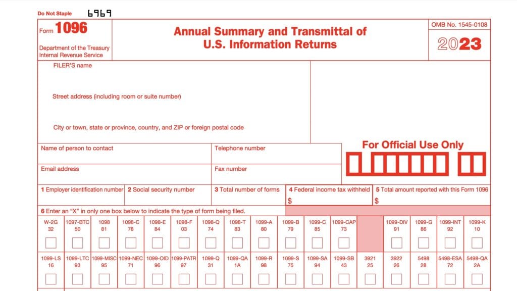 irs form 1096, annual summary and transmittal of U.S. information returns