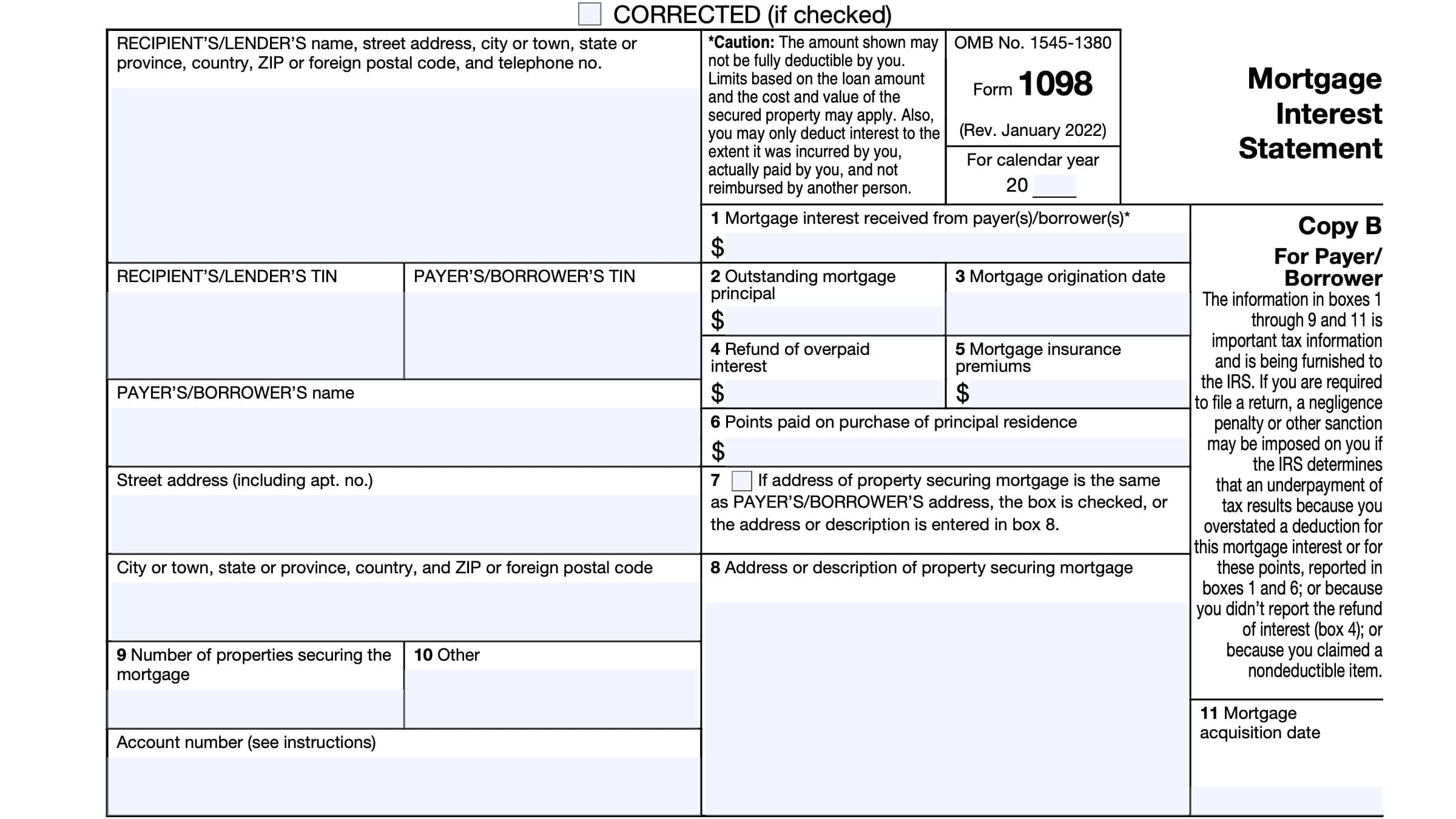 IRS Form 1098 Instructions Mortgage Interest Statement