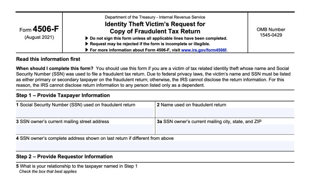 irs form 4506-f, identity theft victim's request for copy of fraudulent tax return