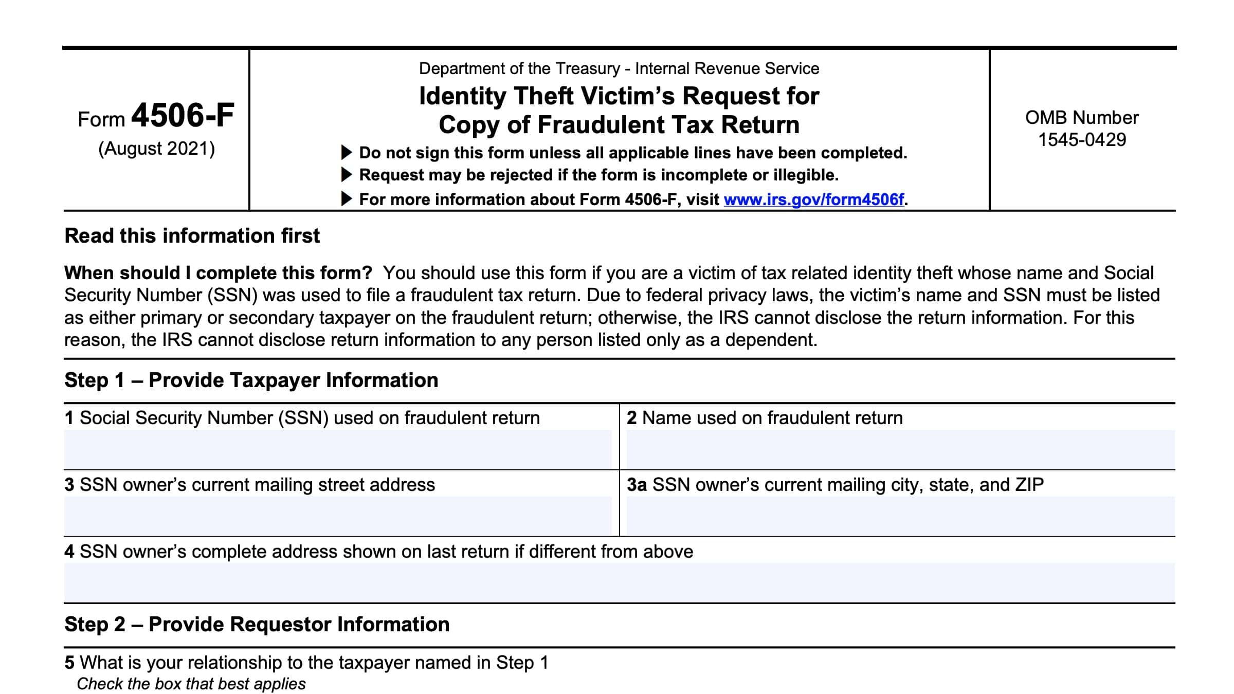 IRS Form 4506-F Instructions: Identity Theft Tax Return Request