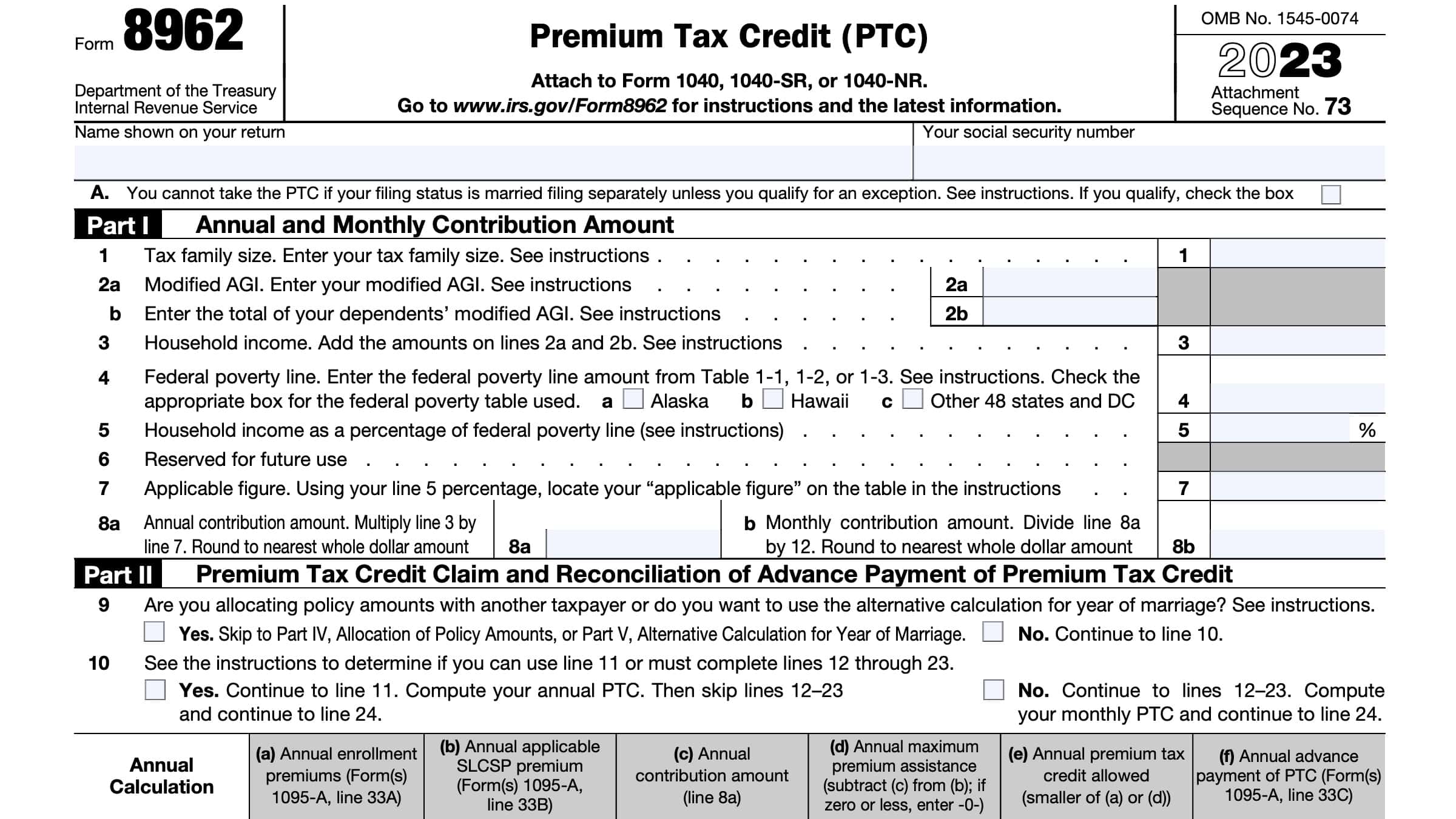 IRS Form 8962 instructions - Premium Tax Credit