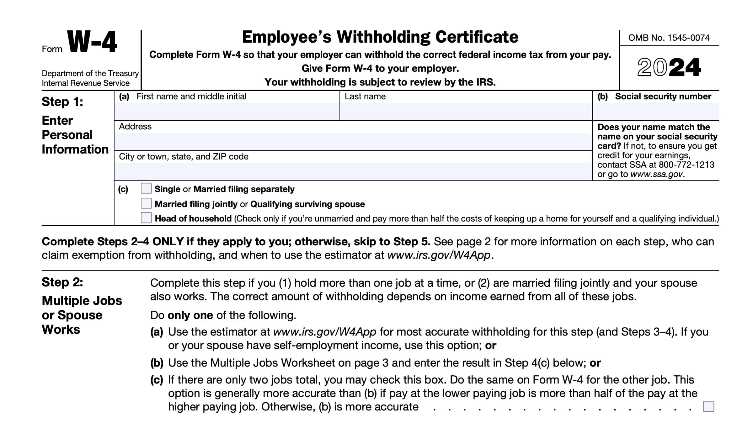 IRS Form W4 Instructions Employee's Withholding Certificate
