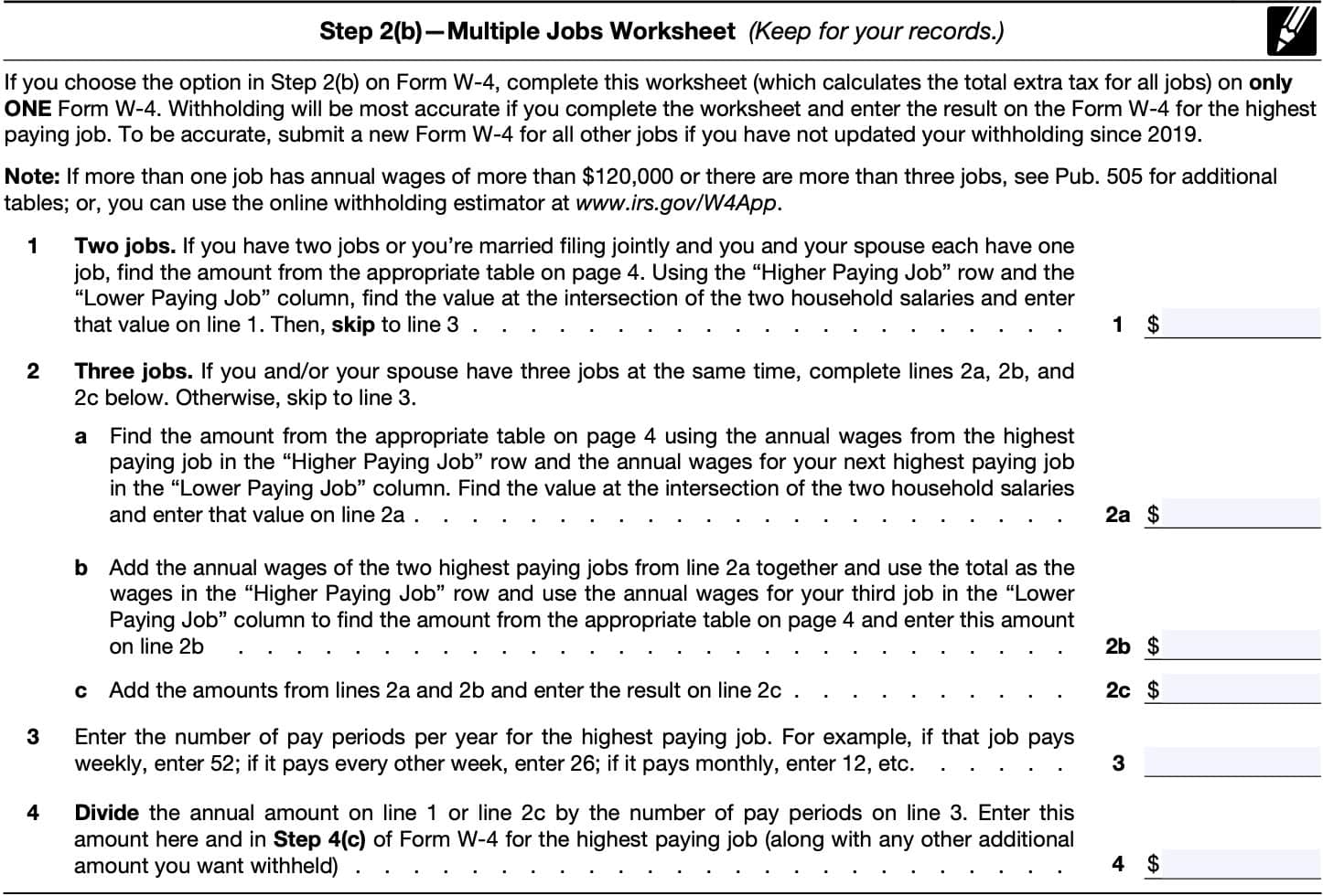 irs form w-4, step 2(b) multiple jobs worksheet