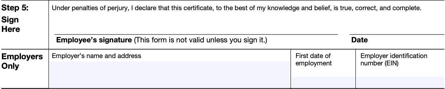 irs form w-4 step 5: sign here