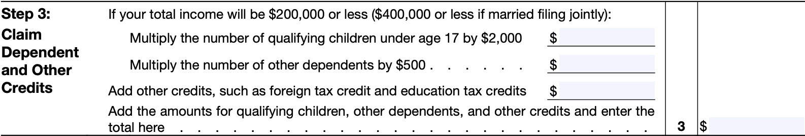 irs form w-4p, step 3: Claim dependent and other credits