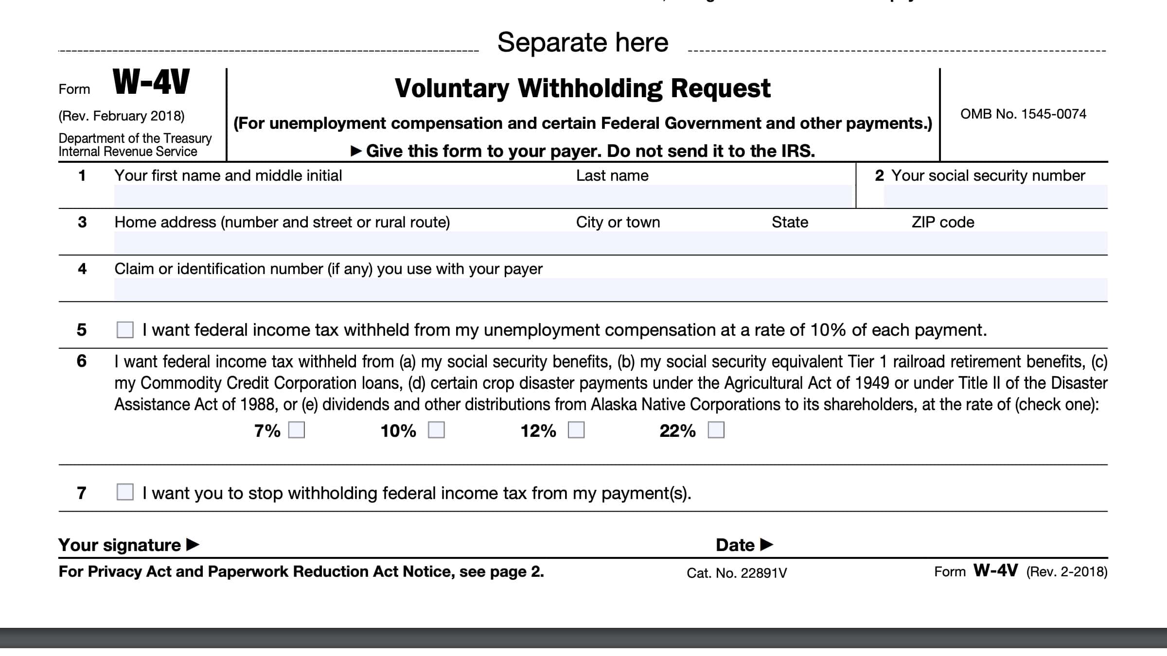 IRS Form W4V Instructions Voluntary Withholding Request