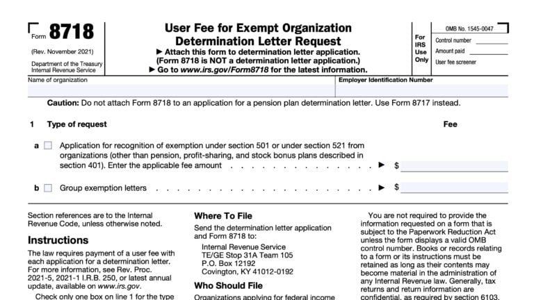 IRS Form 8718 Instructions - User Fees for Non-Profits