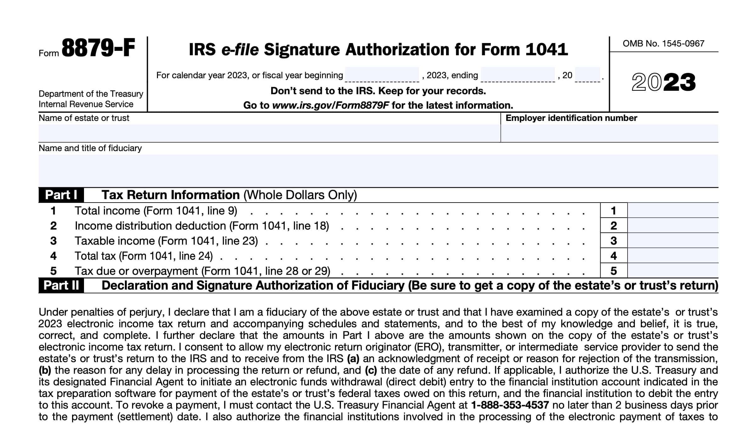 IRS Form 8879-F Instructions - e-File Signature for IRS Form 1041