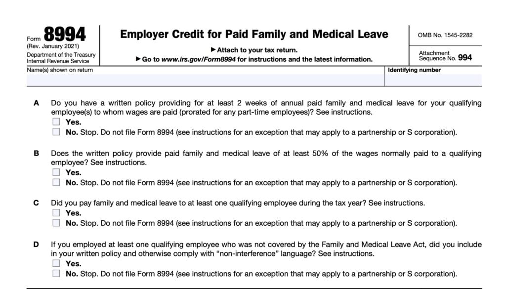 irs form 8994, employer credit for paid family and medical leave