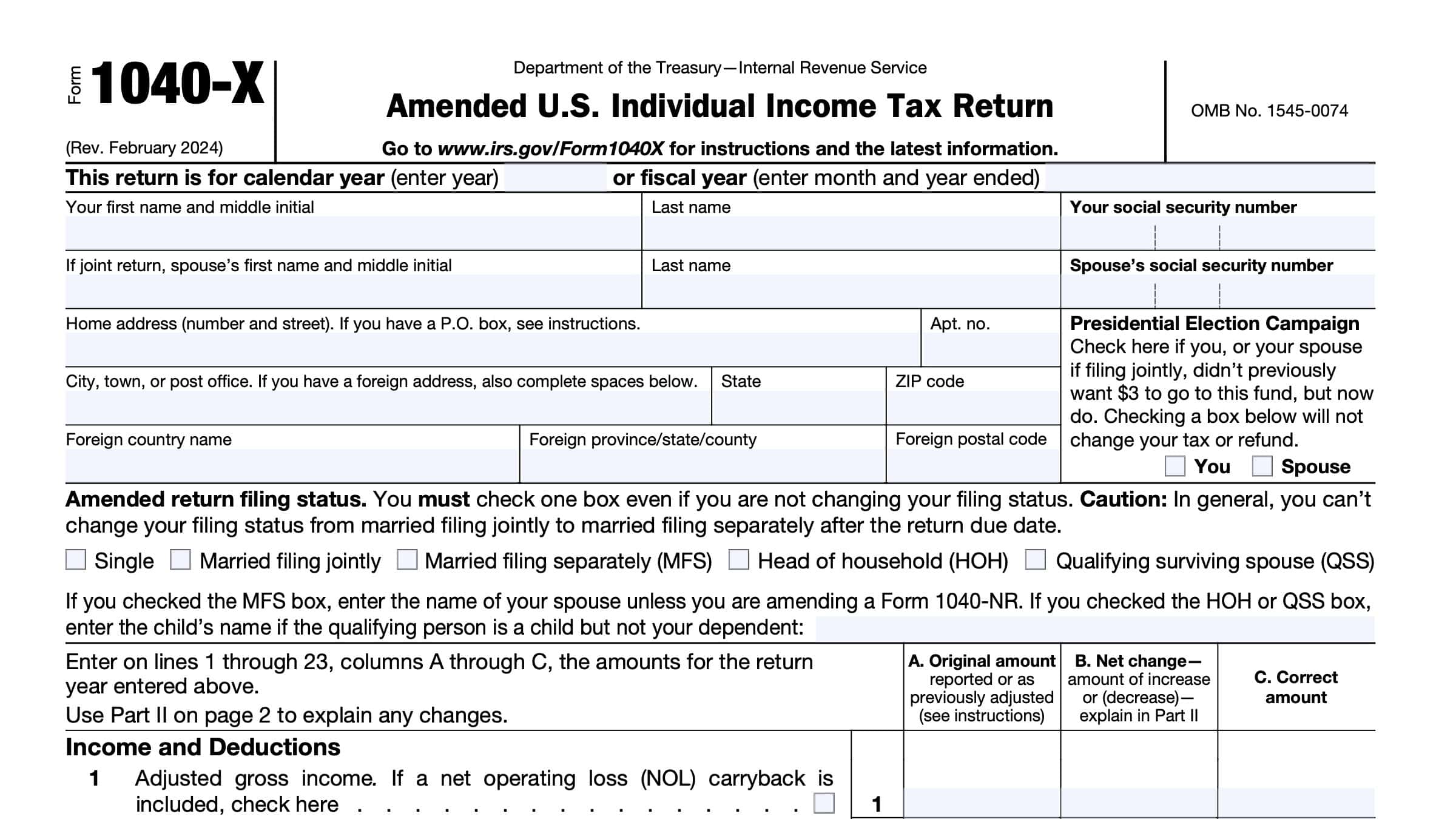 IRS Form 1040-X Instructions - Amended Tax Return