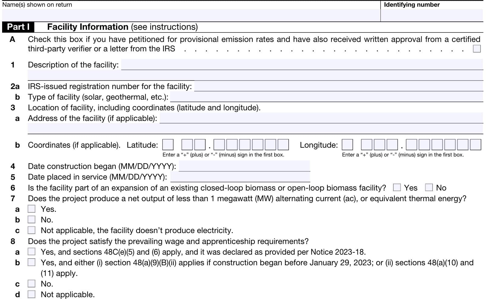 irs form 3468, part i: facility information, lines 1 through 8