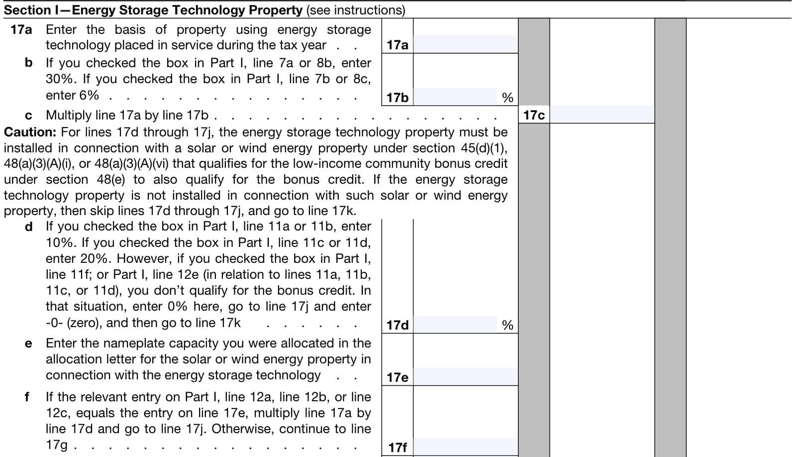 irs form 3468, part vi, section i: energy storage technology property