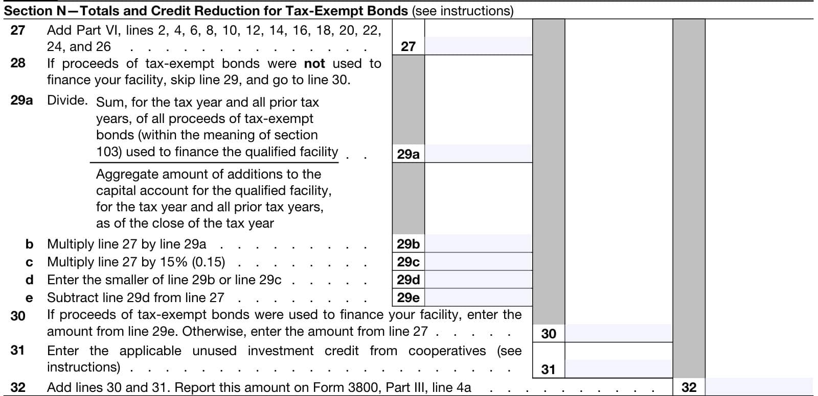 irs form 3468, part vi, section n: totals and credit reduction for tax-exempt bonds