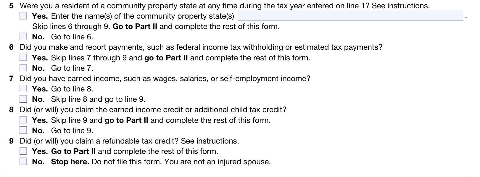 IRS Form 8379 Part I, lines 5 through 9