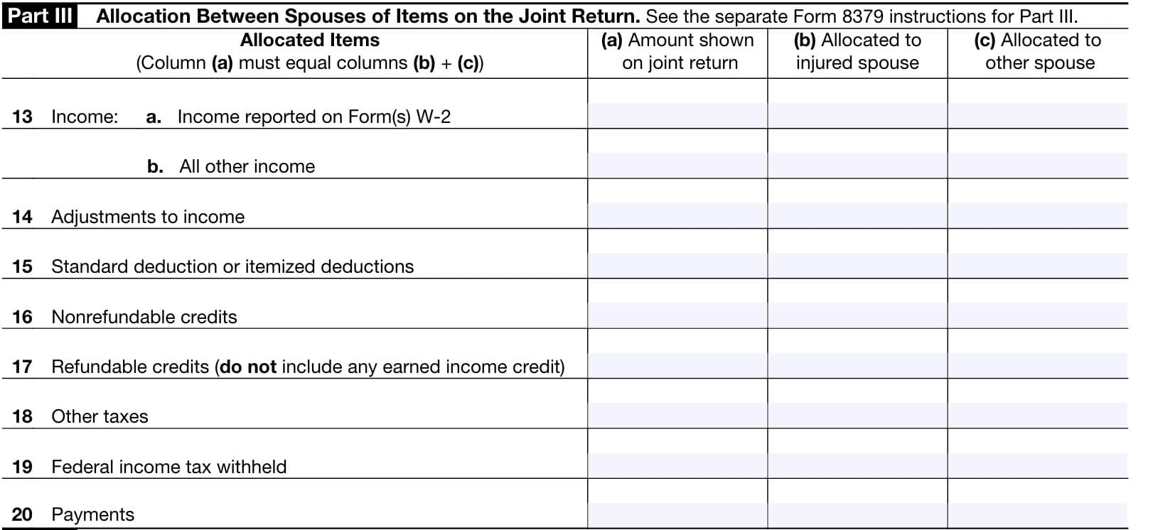 IRS Form 8379, Part III: Allocation between spouses of items on the joint return.