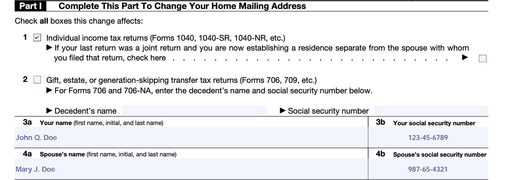 IRS Form 8822, part I, lines 1 through 4b