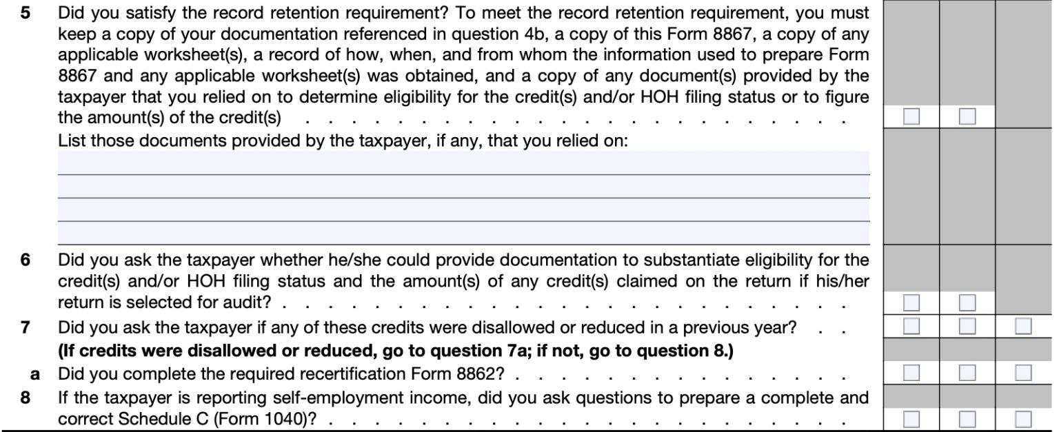 IRS Form 8867 Instructions: Tax Preparer's Due Diligence Checklist