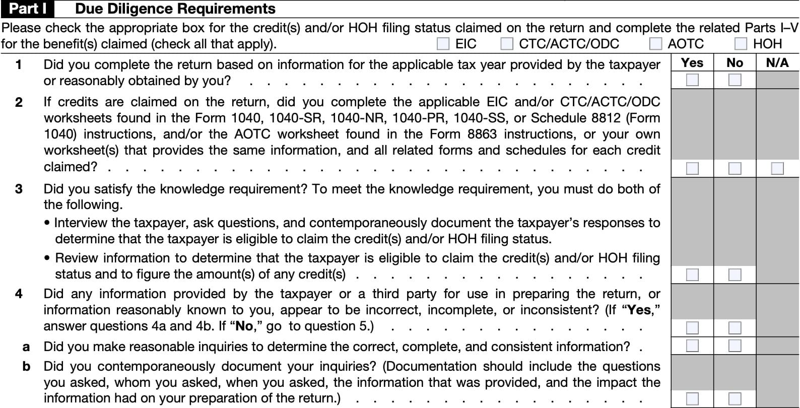 irs form 8867, part i, due diligence requirements