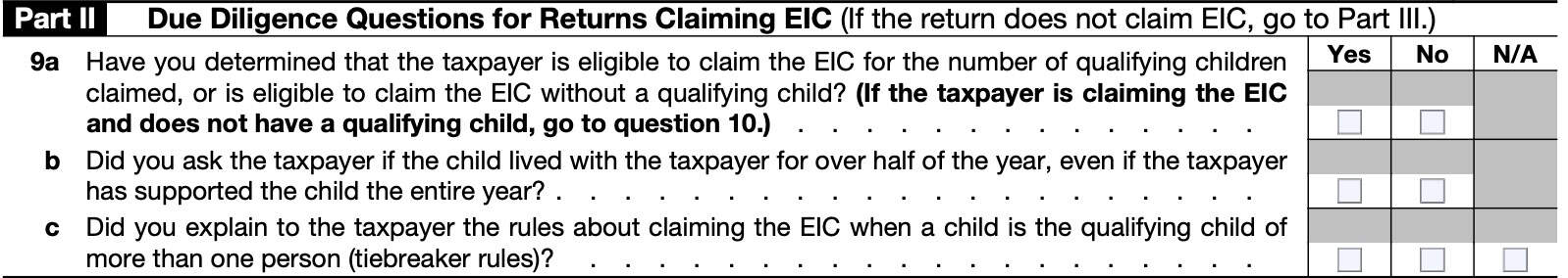 irs form 8867, part ii: due diligence questions for returns claiming eic