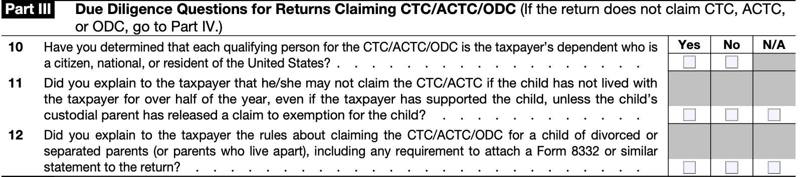 part iii: due diligence questions for returns claiming ctc/actc/odc