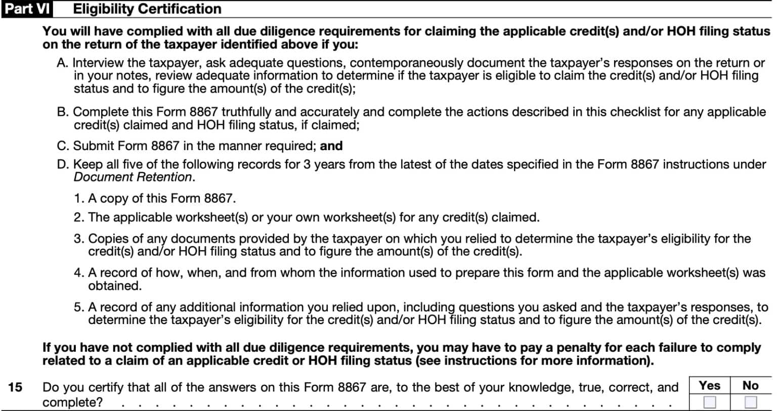 IRS Form 8867 Instructions: Tax Preparer's Due Diligence Checklist