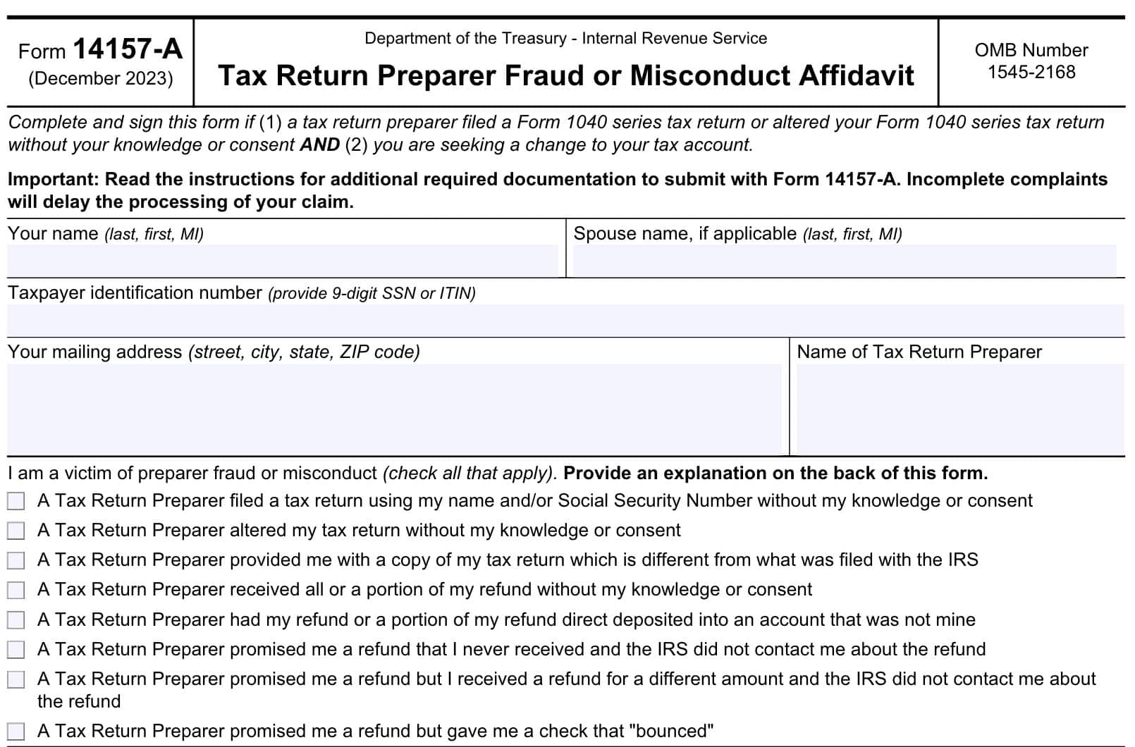 IRS Form 14157-A, tax return preparer fraud or misconduct affidavit, taxpayer information and type of fraud