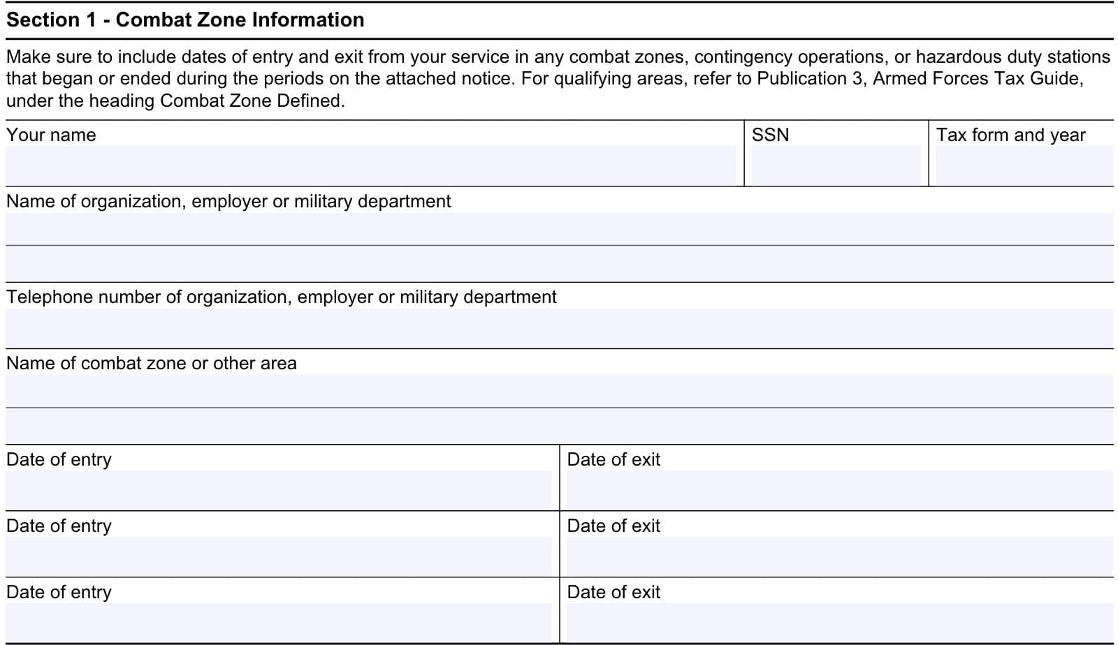 irs form 15109, section 1: combat zone information