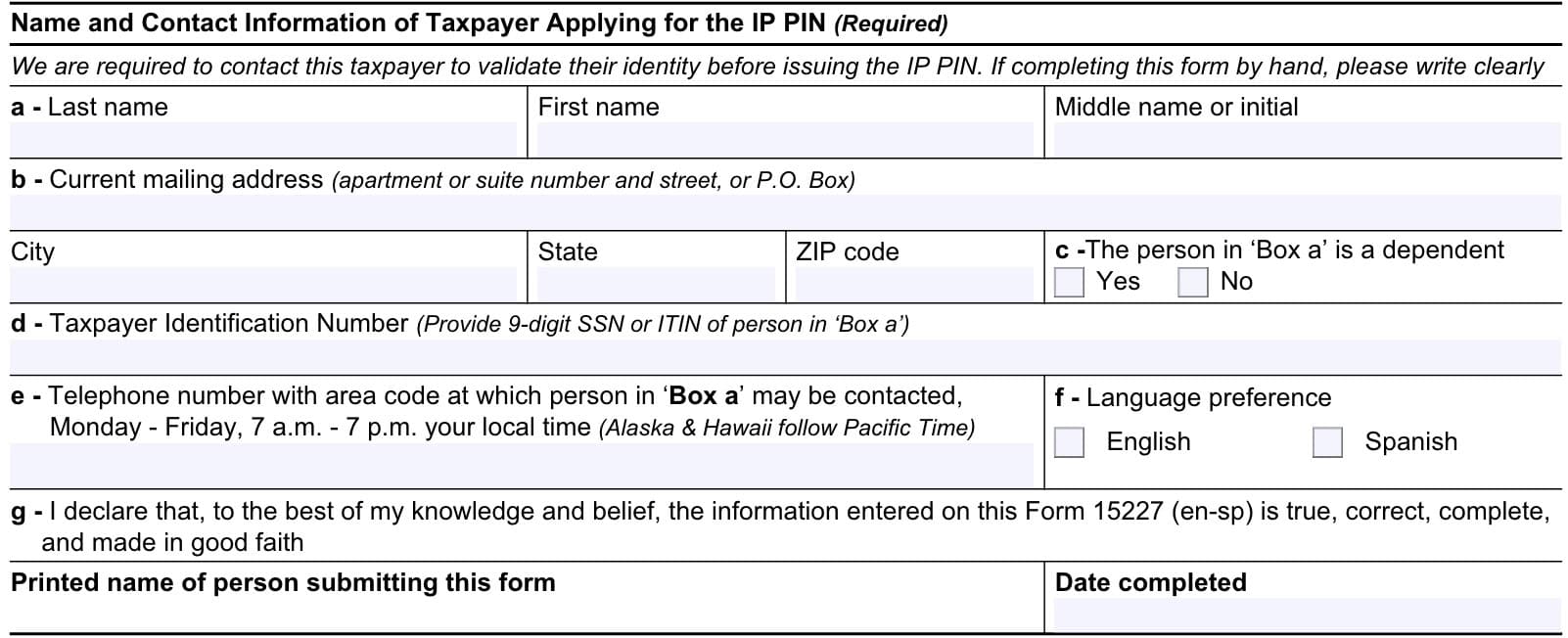 IRS Form 15227 Instructions - Application for IP PIN