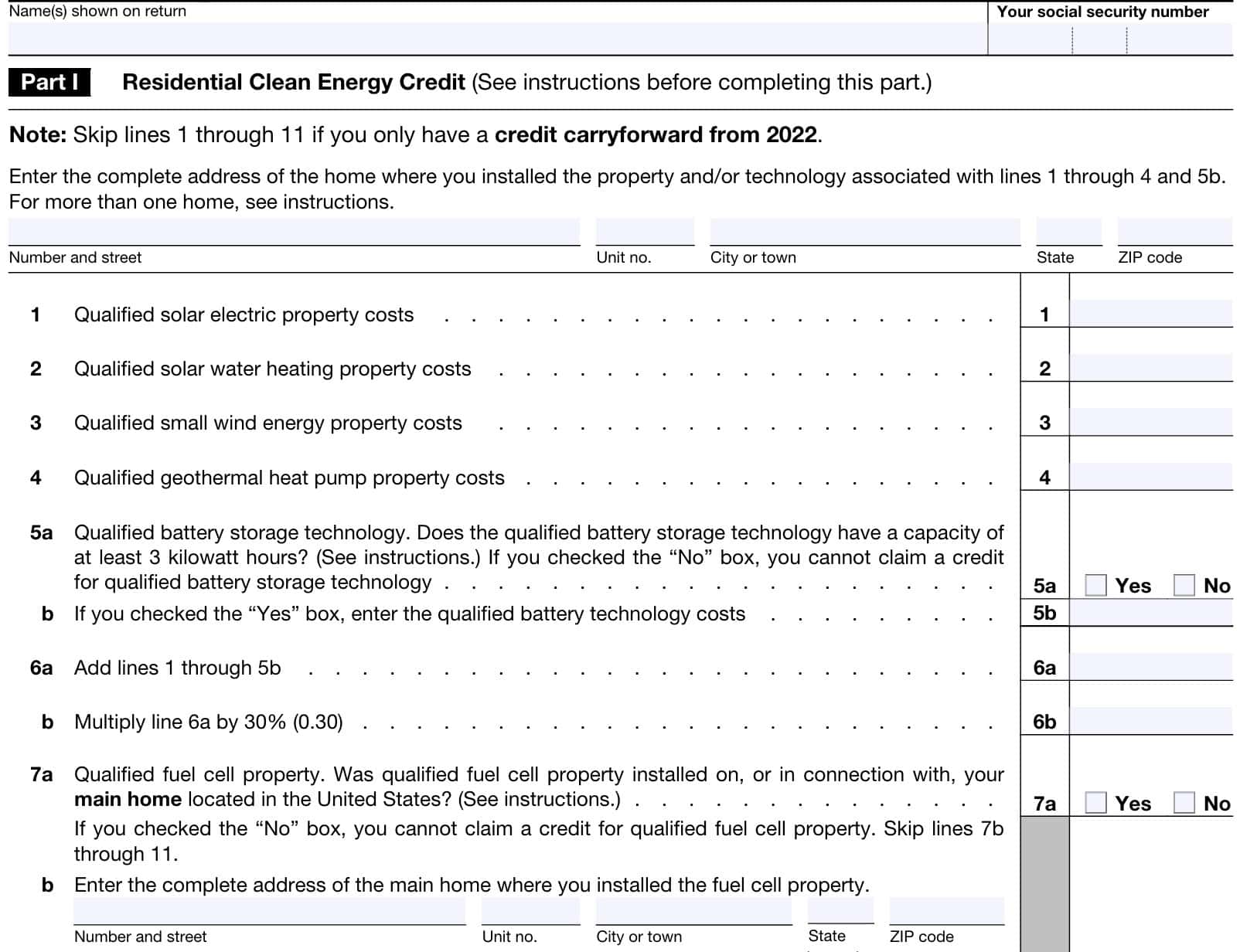 irs form 5695, part I: Residential clean energy credit lines 1 through 7