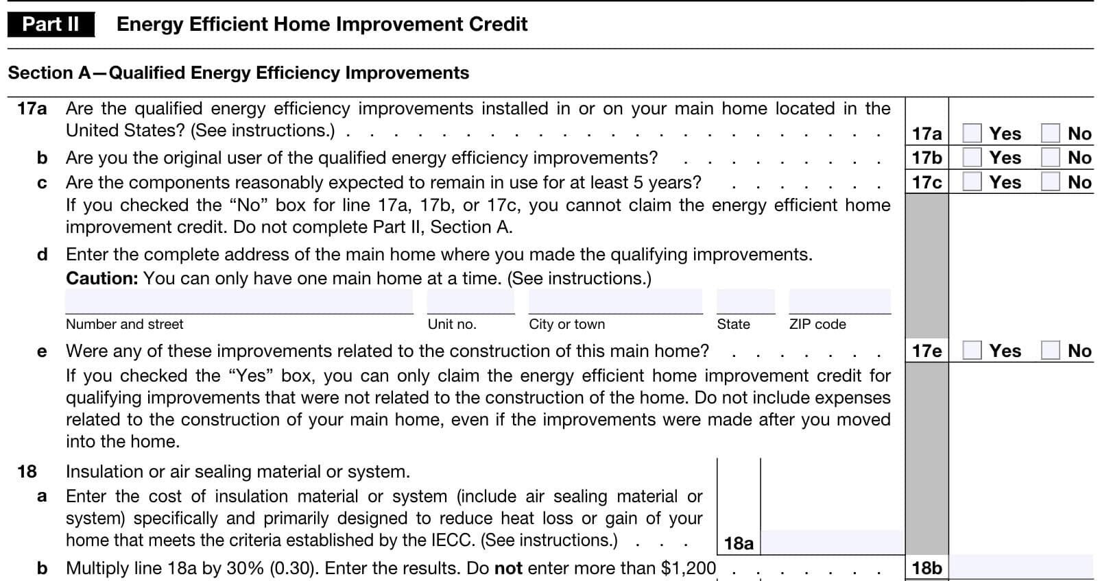 irs form 5695, part II, section a: qualified energy efficiency improvements
