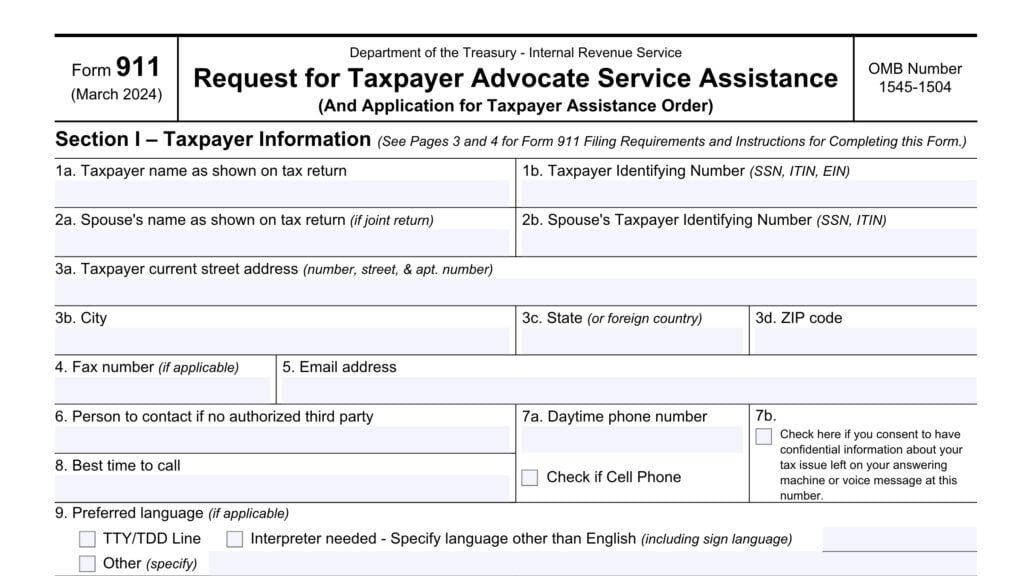 irs form 911, request for taxpayer advocate service assistance