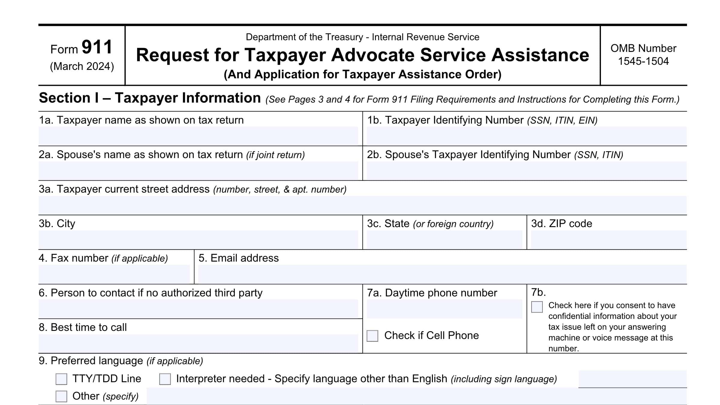 IRS Form 911 Instructions - Taxpayer Advocate Service Assistance