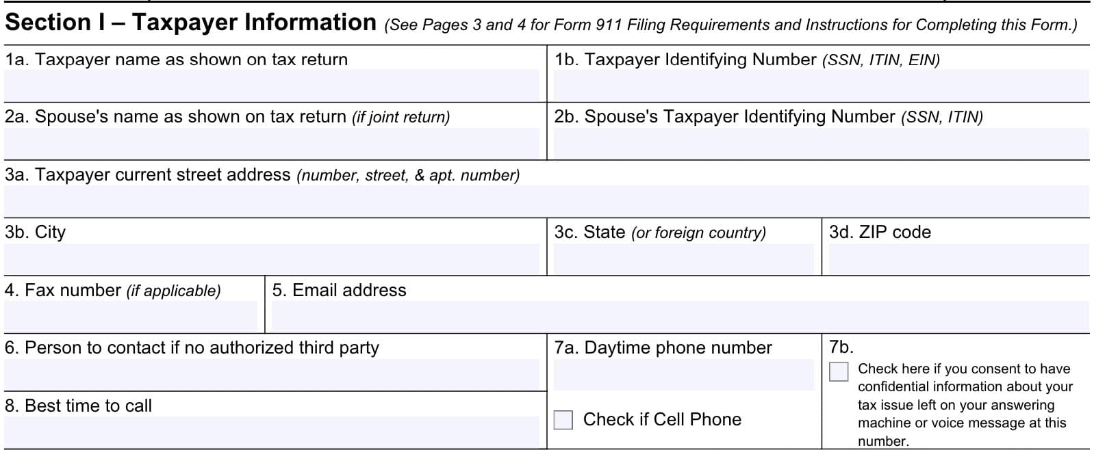 irs form 911, section i: taxpayer information
