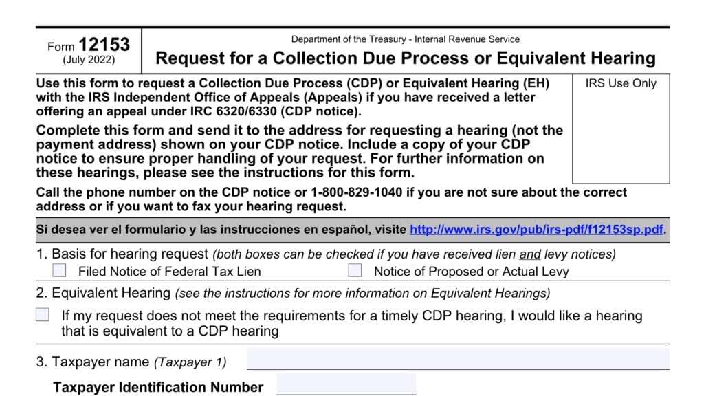 irs form 12153, request for collection due process or equivalent hearing