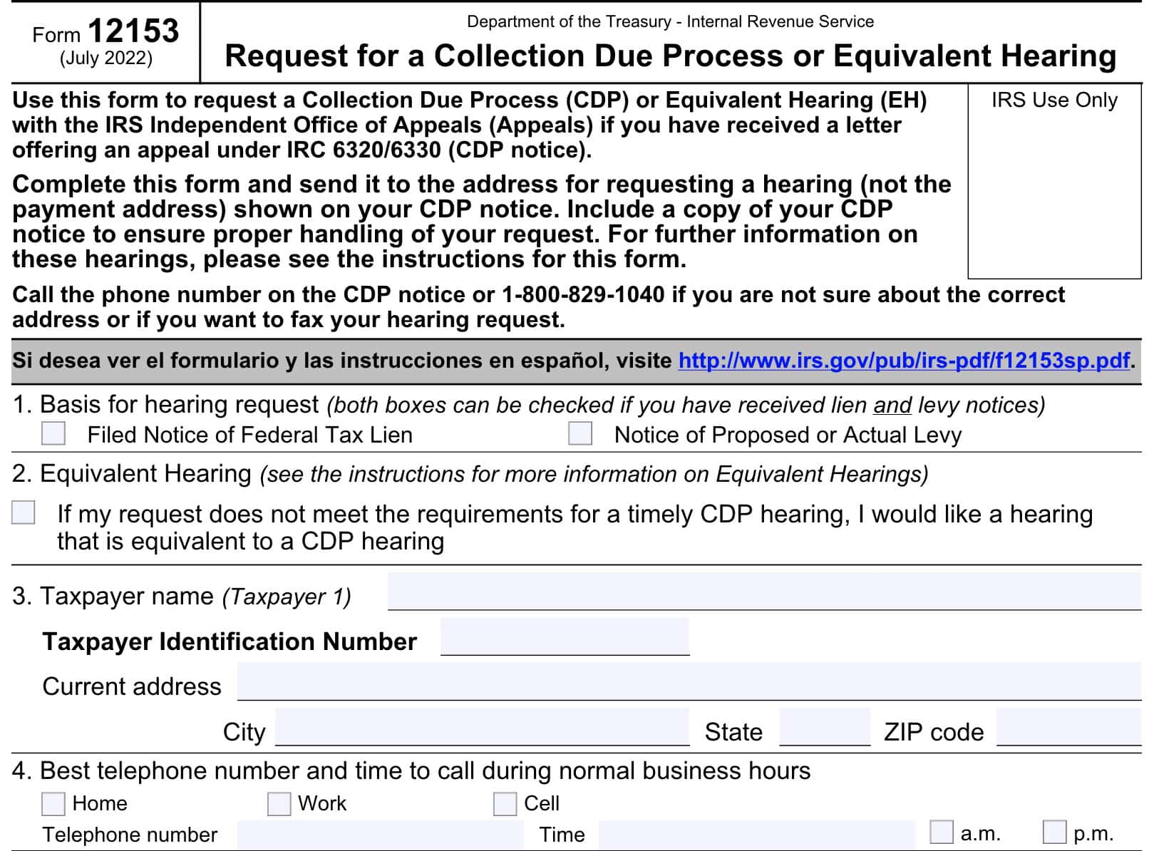 irs form 12153, lines 1 through 4