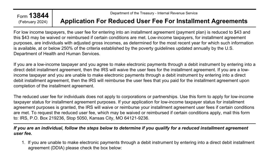 irs form 13844, application for reduced user fee for installment agreements