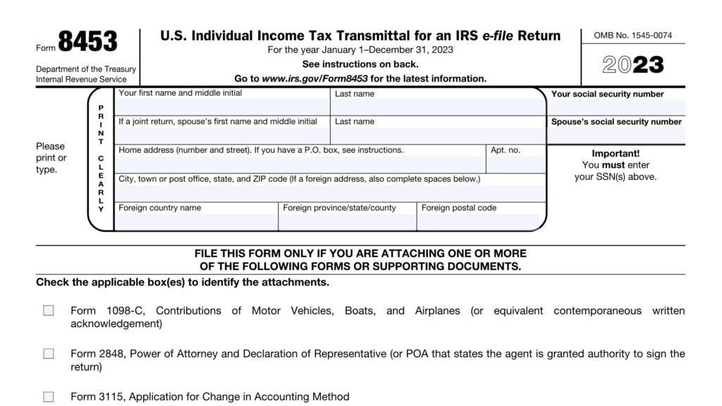 irs form 8453, U.S. individual income tax transmittal for an irs e-file return