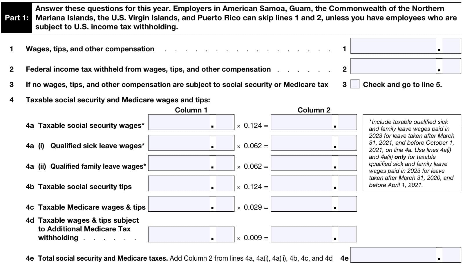 irs form 944, part 1, lines 1 through 4e