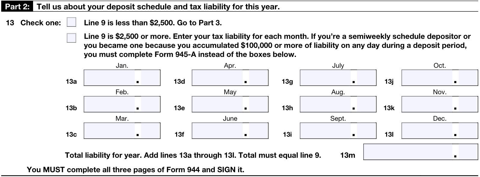 irs form 944, part 2, deposit schedule & tax liability